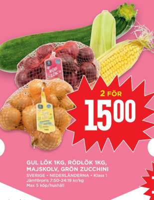 Gul lök 1kg, Rödlök 1kg, Majskolv, Grön Zucchini