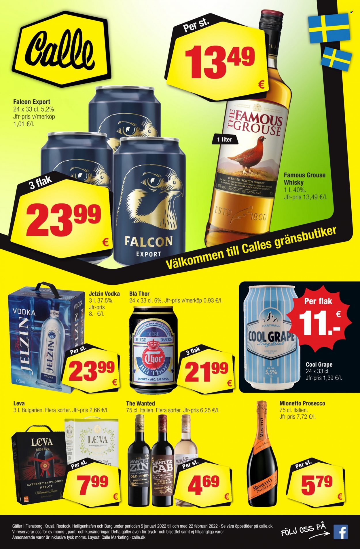 Calle reklamblad - 5/1 2022 - 22/2 2022 - varor från reklamblad - whisky, cool grape, Famous Grouse, prosecco, Vodka, Jelzin. Sida 1.