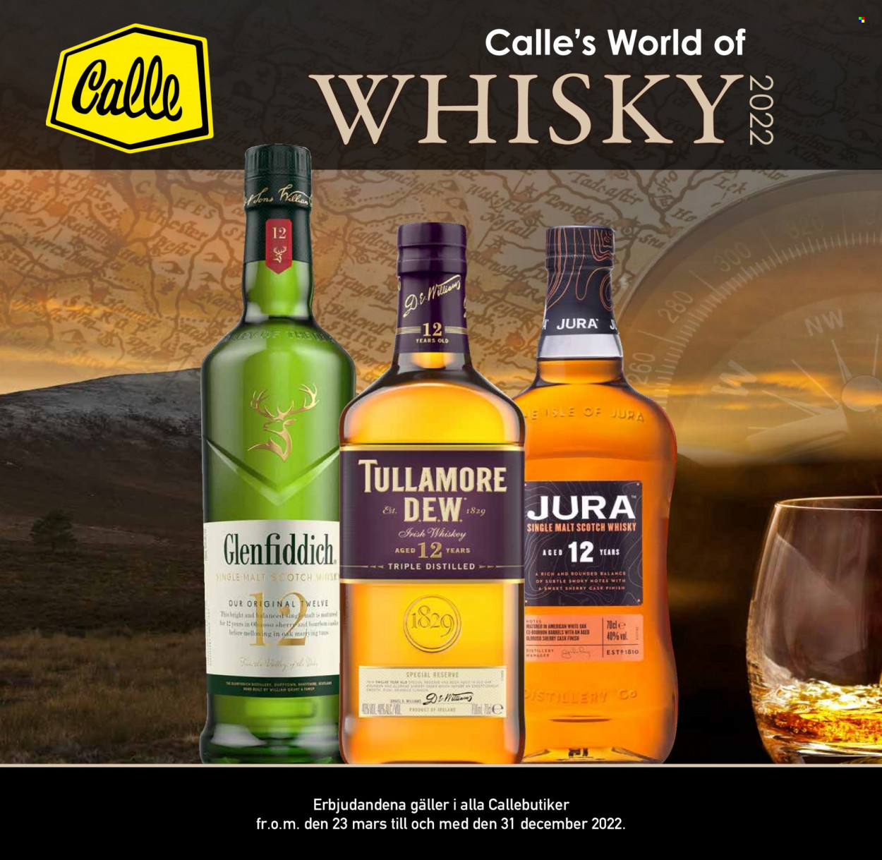 Calle reklamblad - 23/3 2022 - 31/12 2022 - varor från reklamblad - whisky, scotch whisky, Tullamore Dew, Glenfiddich, Irish Whiskey. Sida 1.