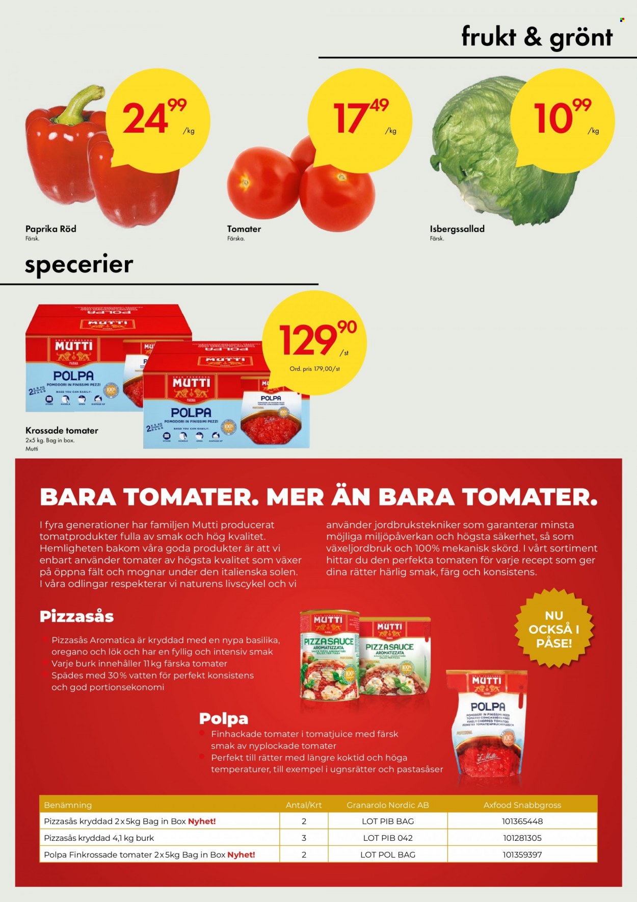 Axfood Snabbgross reklamblad - 20/6 2022 - 3/7 2022 - varor från reklamblad - tomater, paprika, lök, krossade tomater, Mutti, basilika. Sida 7.
