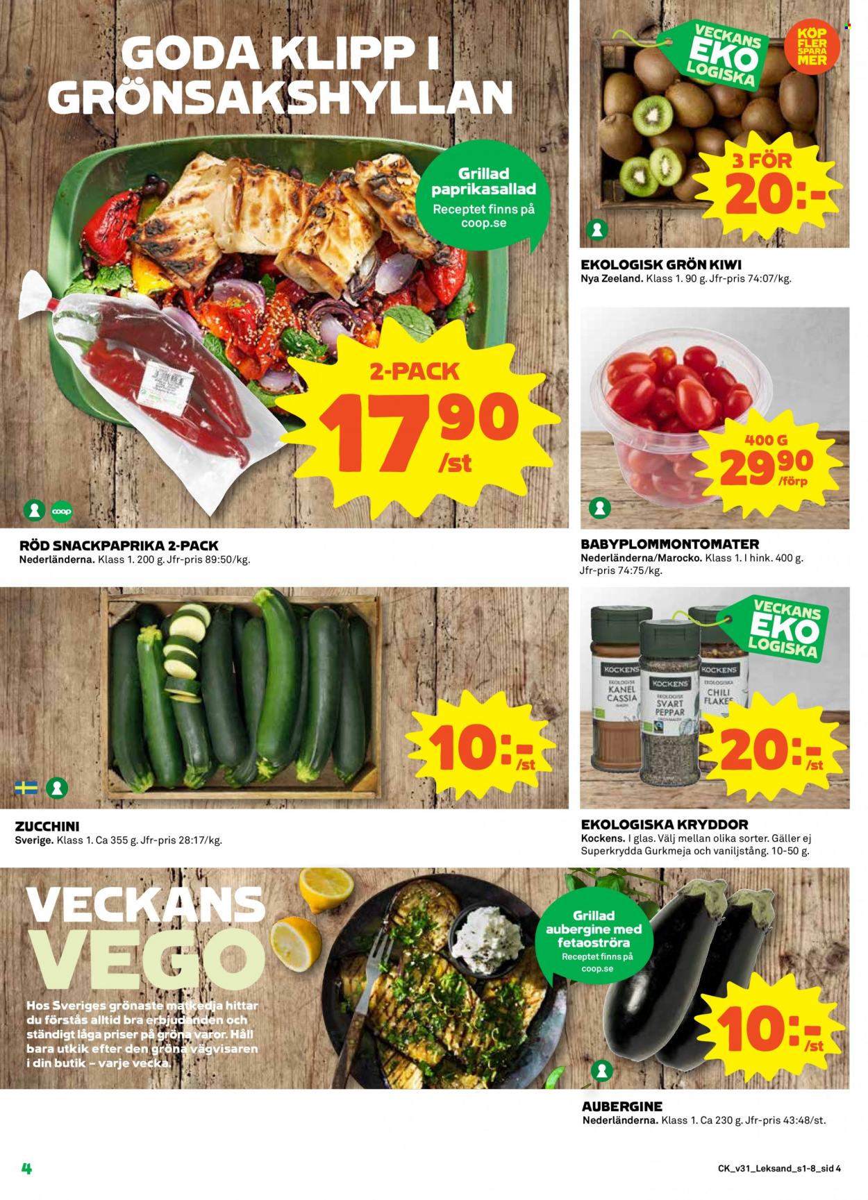 Coop reklamblad - 1/8 2022 - 7/8 2022 - varor från reklamblad - kiwi, aubergine, zucchini, Kockens, kryddor, hink. Sida 4.