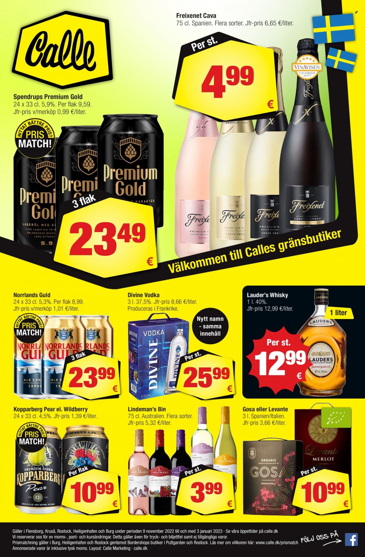 Calle reklamblad - 9/11 2022 - 3/1 2023 - varor från reklamblad - Kopparberg, Norrlands Guld, Cava, Freixenet, Lindeman's, whisky, Vodka. Sida 1.