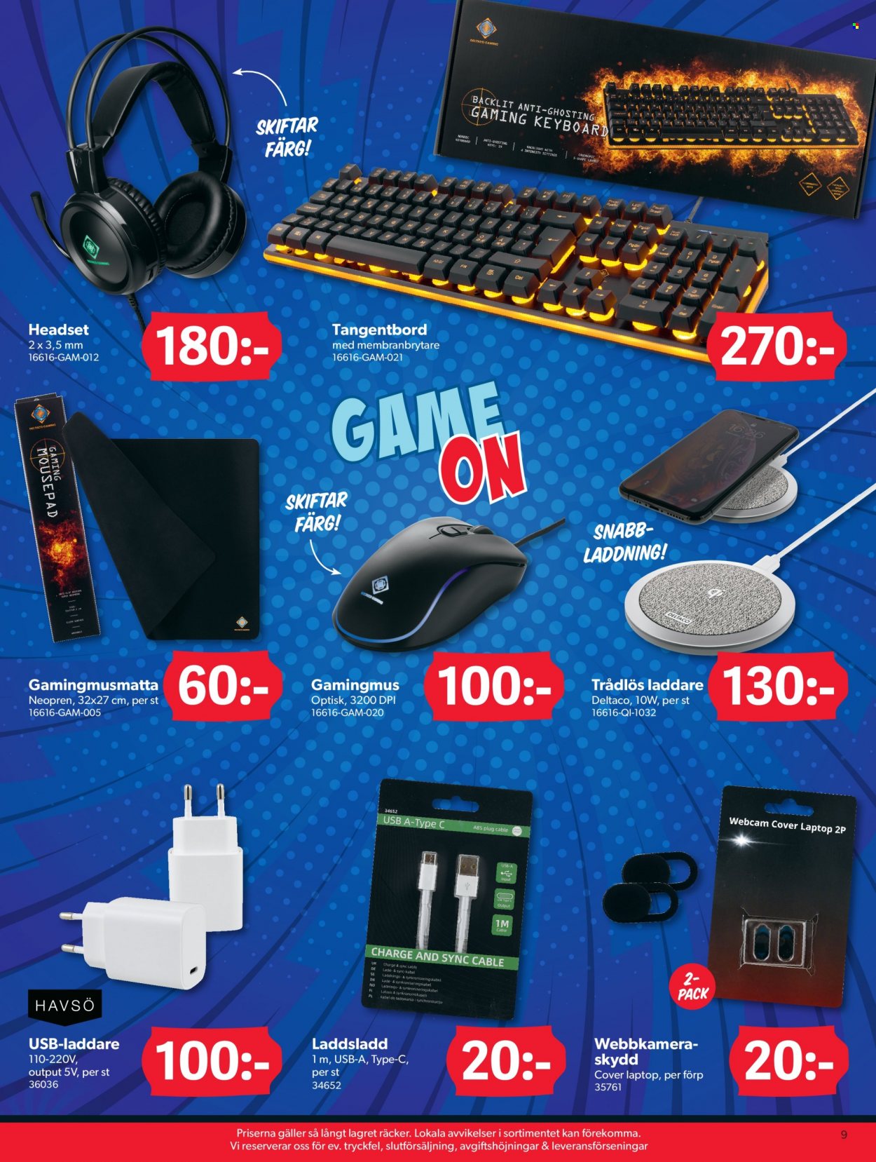 DollarStore reklamblad - varor från reklamblad - trådlös laddare, USB-laddare, tangentbord, gaming-mouse, gaming-musmatta, keyboard. Sida 9.