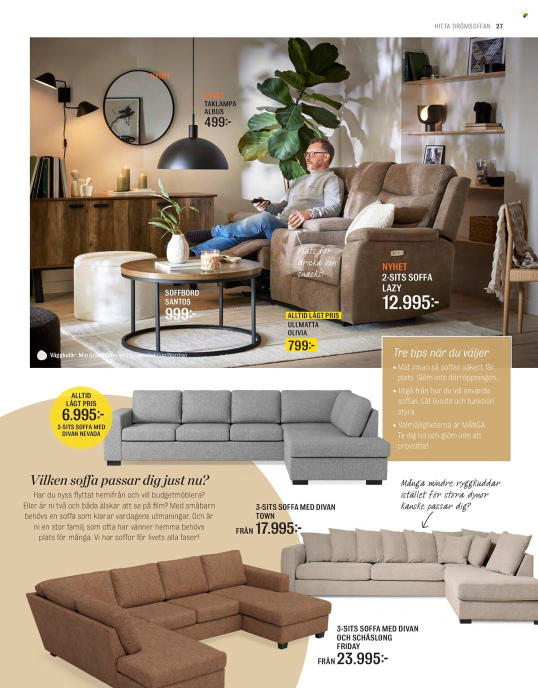 thumbnail - Mio reklamblad - varor från reklamblad - schäslong, 2-sits soffa, 3-sits soffa, soffa, soffbord, lampa, taklampa. Sida 27.