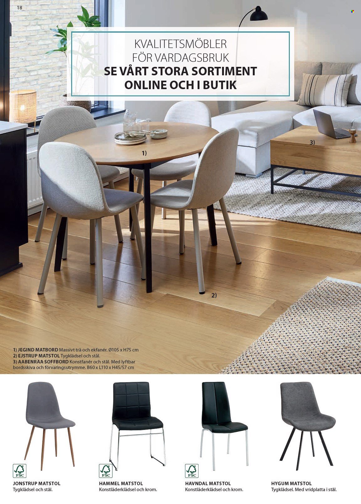 thumbnail - JYSK reklamblad - varor från reklamblad - matbord, soffbord, stol, matstol. Sida 19.