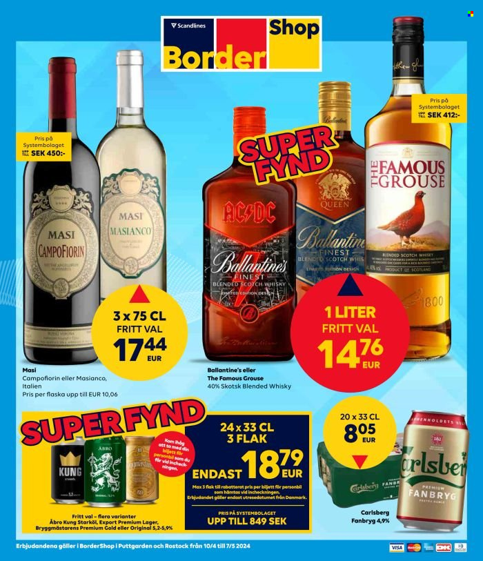 thumbnail - Border Shop reklamblad - 10/4 2024 - 7/5 2024 - varor från reklamblad - Carlsberg, starköl, Åbro, öl, whisky, Ballantine's, Blended Scotch Whisky, Famous Grouse, scotch whisky. Sida 1.