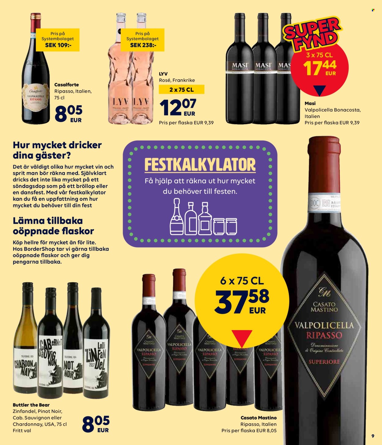 thumbnail - Border Shop reklamblad - 11/4 2024 - 7/5 2024 - varor från reklamblad - Pinot Noir, Valpolicella, Zinfandel, chardonnay, vin. Sida 9.