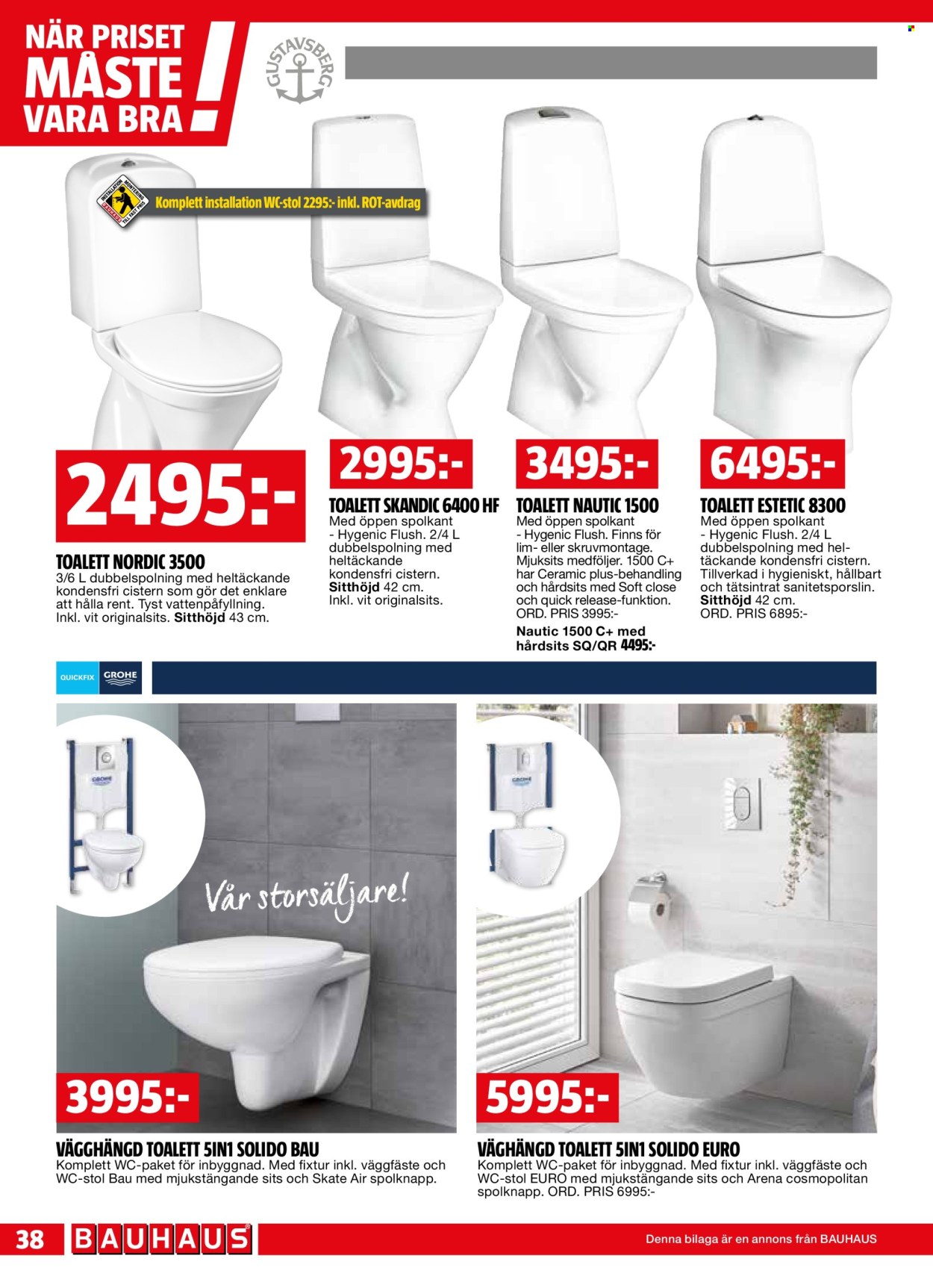 thumbnail - Bauhaus reklamblad - 22/4 2024 - 5/5 2024 - varor från reklamblad - stol, vägghängd toalett, spolknapp, toalett. Sida 38.