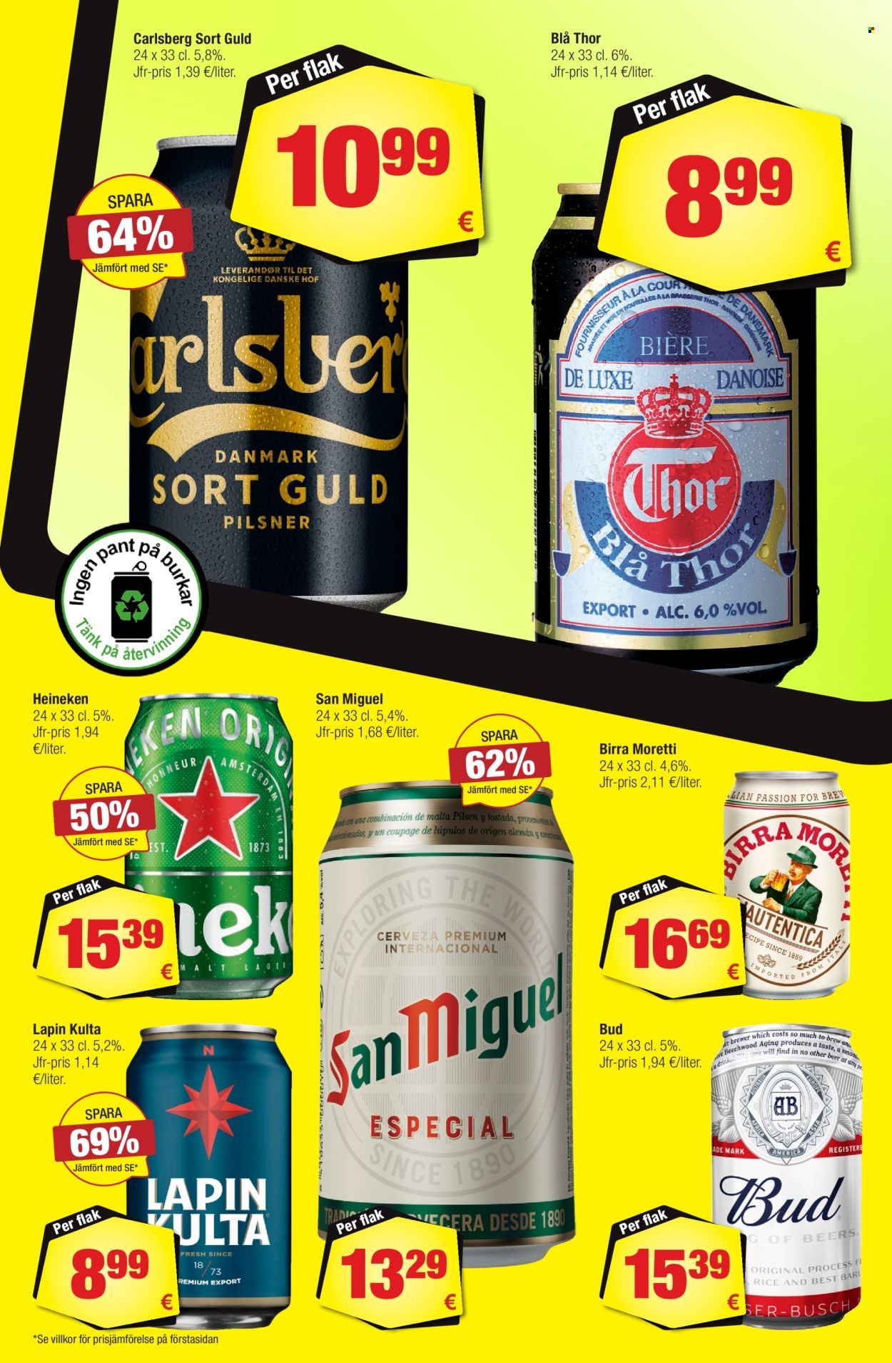 thumbnail - Calle reklamblad - 24/4 2024 - 14/5 2024 - varor från reklamblad - Carlsberg, öl, Thor, Heineken, Lapin Kulta. Sida 6.