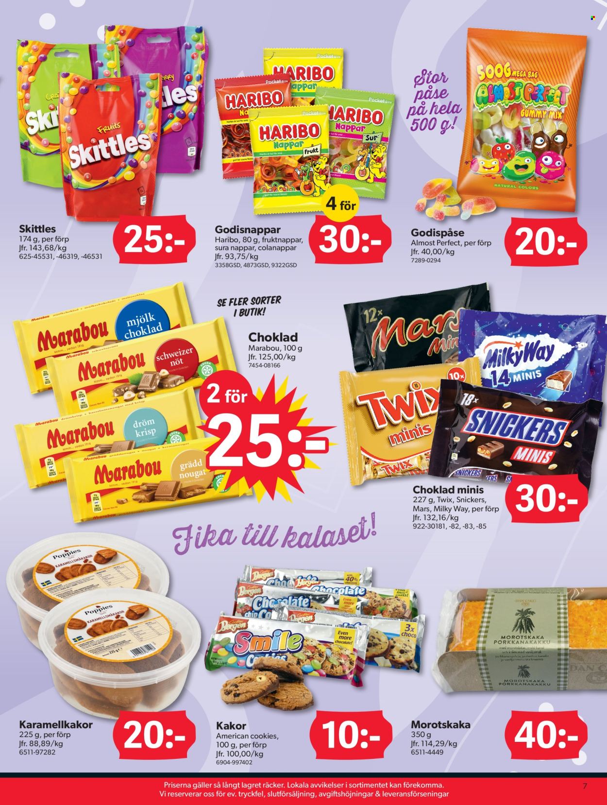 thumbnail - DollarStore reklamblad - varor från reklamblad - morotskaka, cookies, Milky Way, Snickers, Skittles, kräm, Haribo. Sida 7.